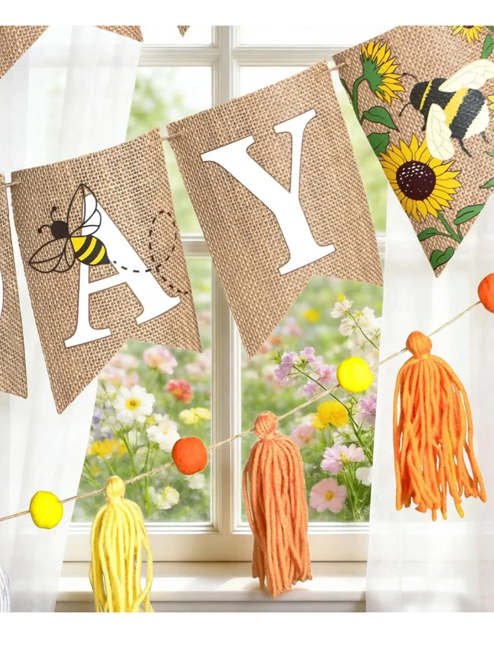 Happy Birthday Burlap Pennant Banner Sign Sunflower and Bumble Bee Theme